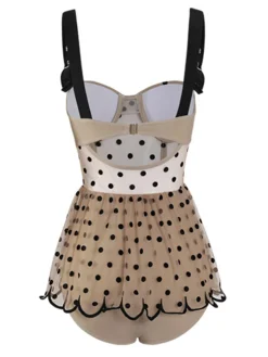 Clearance Retro Stage 1960s Polka Dot Ruffled Skirted Swimsuit Khaki