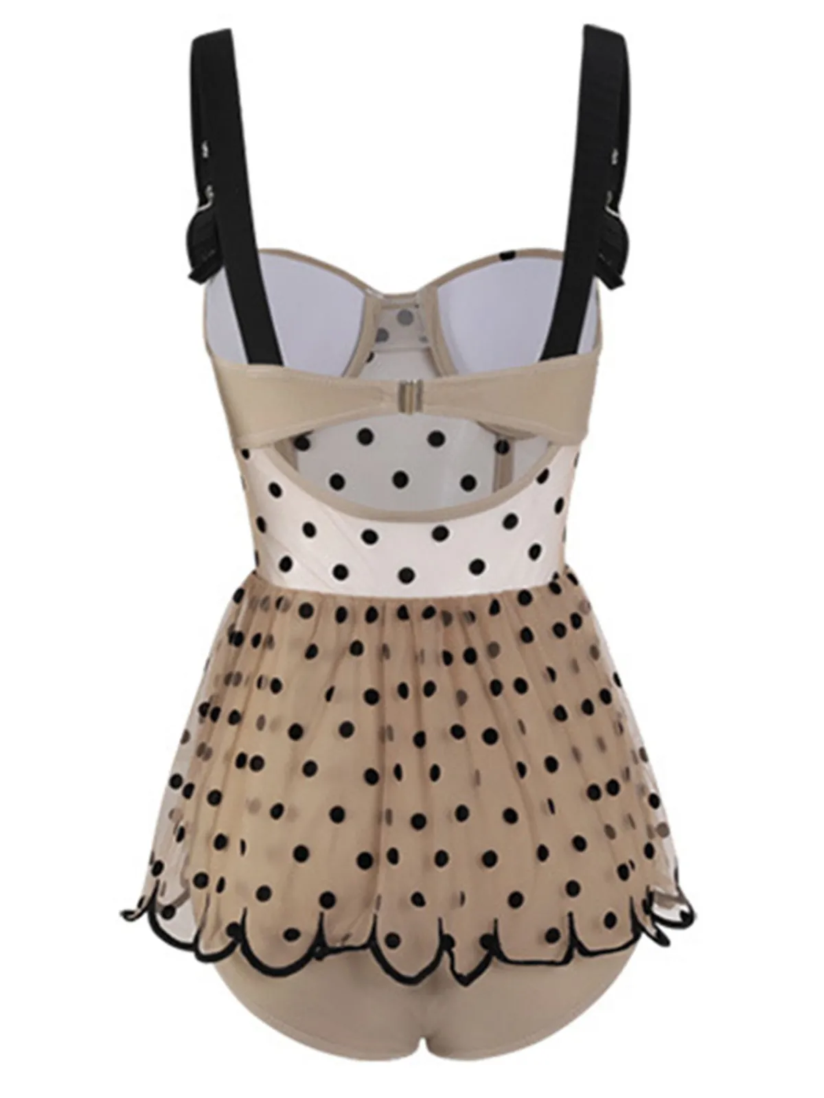 Clearance Retro Stage 1960s Polka Dot Ruffled Skirted Swimsuit Khaki