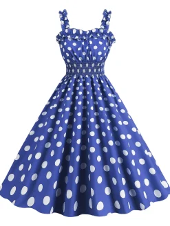 Best Retro Stage 1950s Polka Dot Smocking Strap Dress