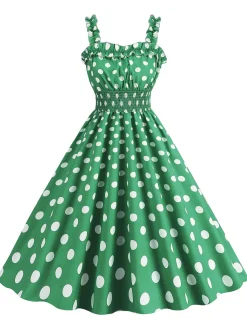 Best Retro Stage 1950s Polka Dot Smocking Strap Dress