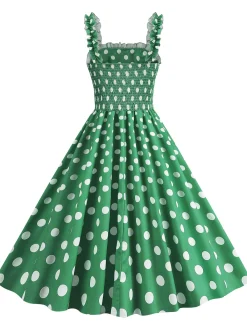 Best Retro Stage 1950s Polka Dot Smocking Strap Dress