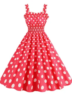 Best Retro Stage 1950s Polka Dot Smocking Strap Dress