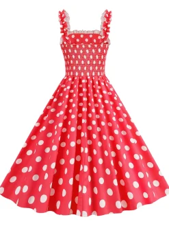 Best Retro Stage 1950s Polka Dot Smocking Strap Dress