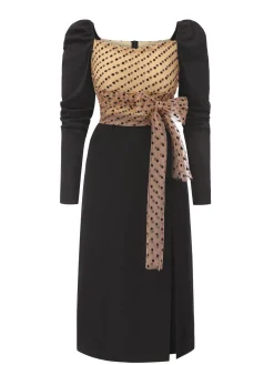 Outlet Retro Stage 1960s Polka Dot Waist Bow Long Sleeve Dress Black