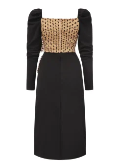 Outlet Retro Stage 1960s Polka Dot Waist Bow Long Sleeve Dress Black
