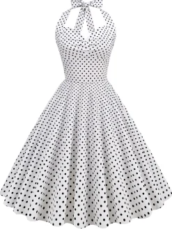 Discount Retro Stage 1950s Polka Dots Lace Up Halter Swing Dress