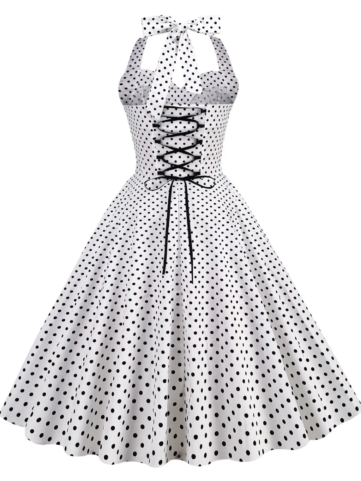 Discount Retro Stage 1950s Polka Dots Lace Up Halter Swing Dress