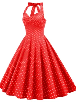 Discount Retro Stage 1950s Polka Dots Lace Up Halter Swing Dress