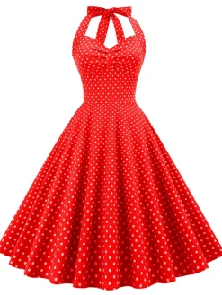 Discount Retro Stage 1950s Polka Dots Lace Up Halter Swing Dress
