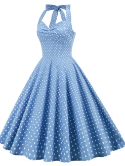 Discount Retro Stage 1950s Polka Dots Lace Up Halter Swing Dress