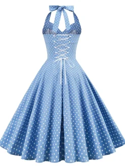 Discount Retro Stage 1950s Polka Dots Lace Up Halter Swing Dress