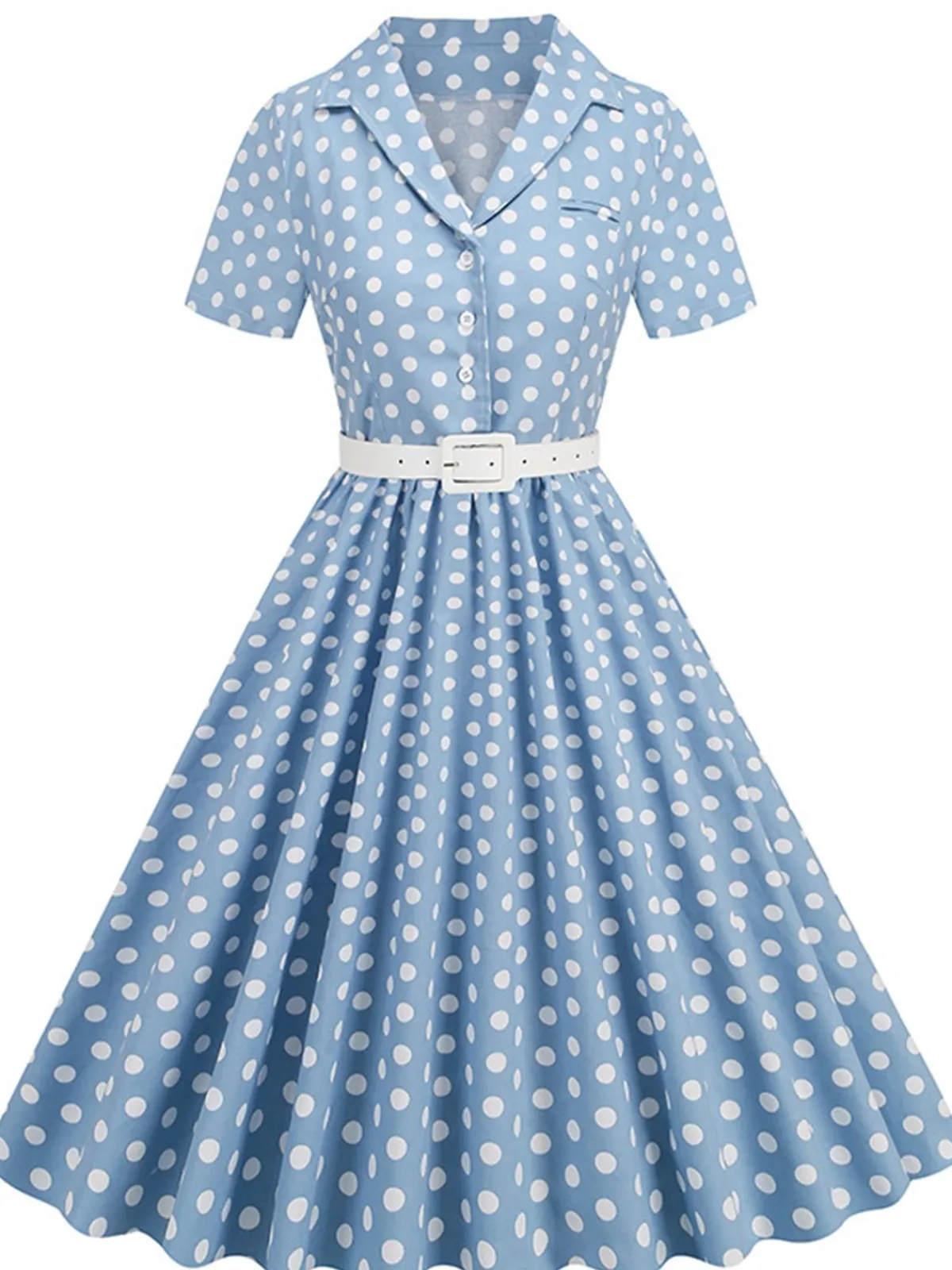 New Retro Stage 1950s Polka Dots Lapel Belted Dress