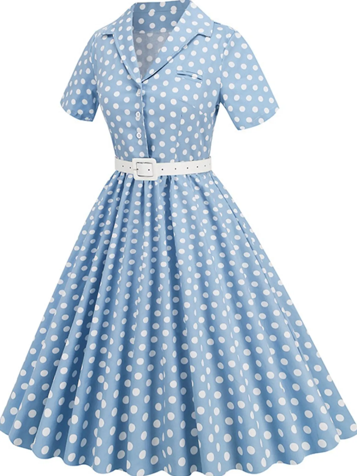 New Retro Stage 1950s Polka Dots Lapel Belted Dress