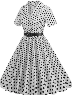New Retro Stage 1950s Polka Dots Lapel Belted Dress