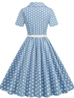 New Retro Stage 1950s Polka Dots Lapel Belted Dress