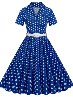 New Retro Stage 1950s Polka Dots Lapel Belted Dress