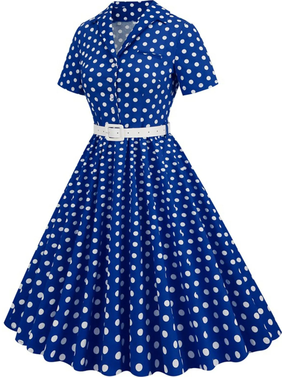 New Retro Stage 1950s Polka Dots Lapel Belted Dress