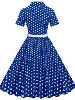 New Retro Stage 1950s Polka Dots Lapel Belted Dress