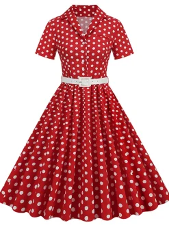 New Retro Stage 1950s Polka Dots Lapel Belted Dress