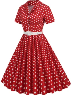 New Retro Stage 1950s Polka Dots Lapel Belted Dress