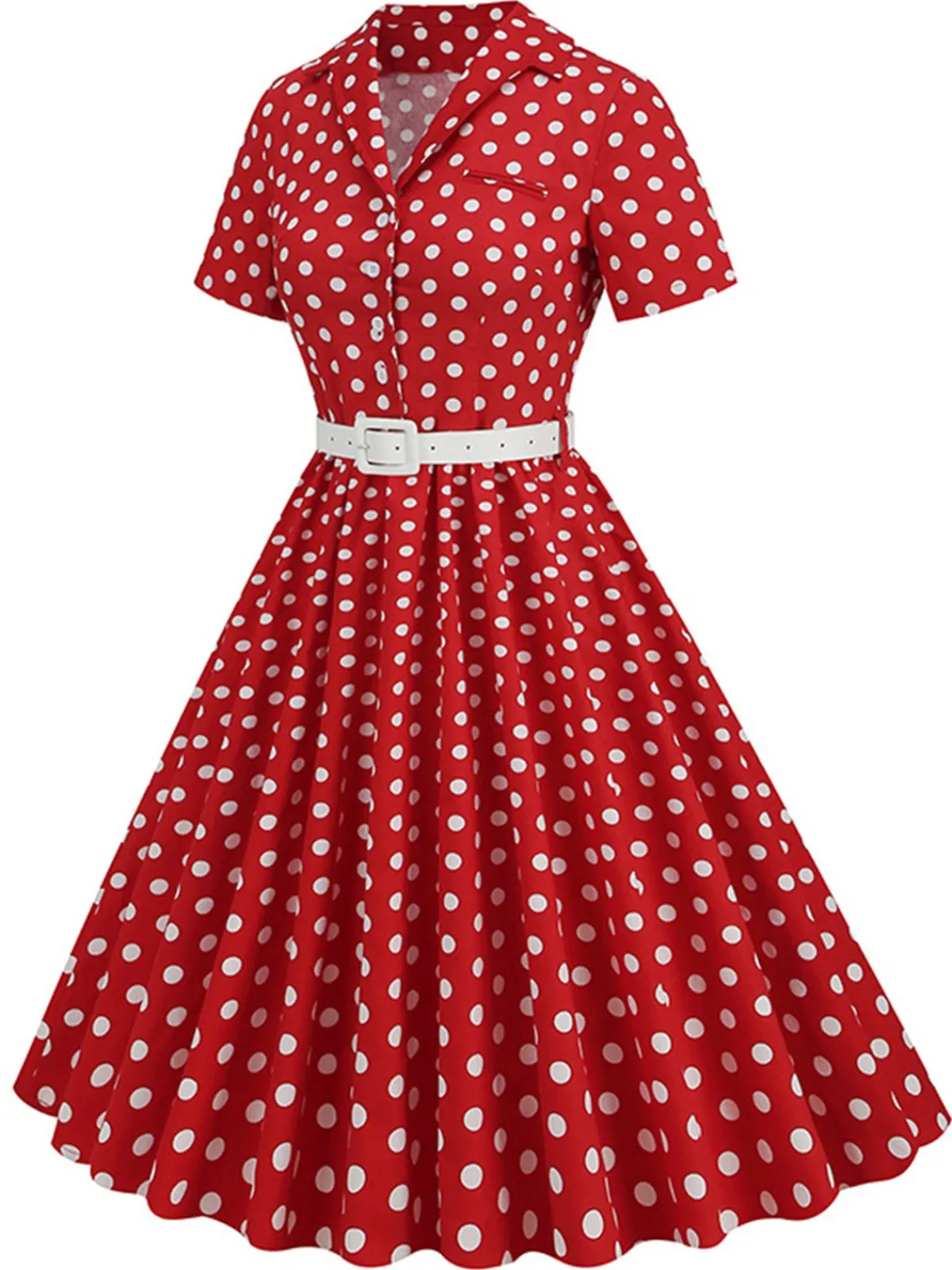 New Retro Stage 1950s Polka Dots Lapel Belted Dress