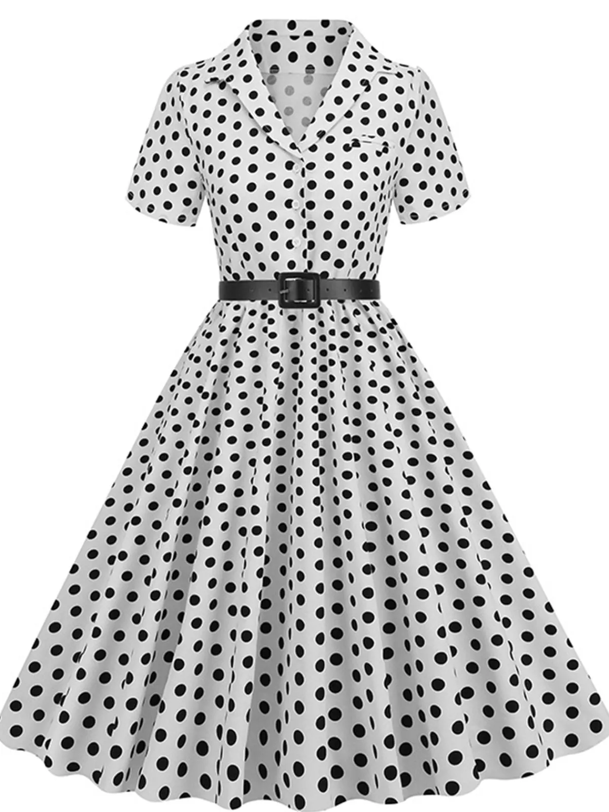 New Retro Stage 1950s Polka Dots Lapel Belted Dress