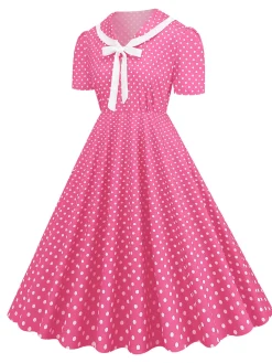 Best Retro Stage 1950s Polka Dots Lapel Bowknot Swing Dress