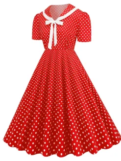 Best Retro Stage 1950s Polka Dots Lapel Bowknot Swing Dress