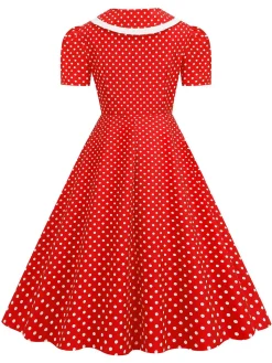 Best Retro Stage 1950s Polka Dots Lapel Bowknot Swing Dress