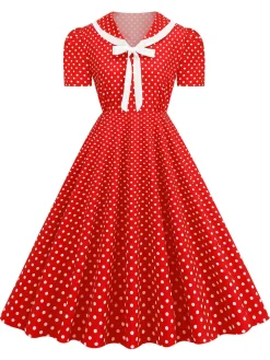 Best Retro Stage 1950s Polka Dots Lapel Bowknot Swing Dress