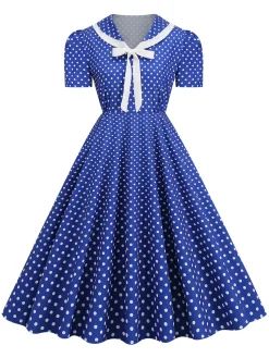 Best Retro Stage 1950s Polka Dots Lapel Bowknot Swing Dress