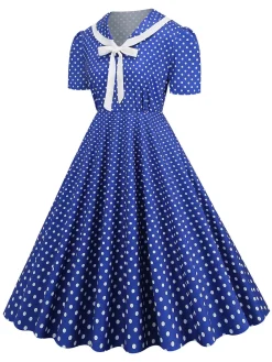 Best Retro Stage 1950s Polka Dots Lapel Bowknot Swing Dress
