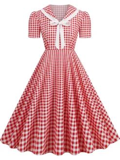 Best Retro Stage 1950s Polka Dots Lapel Bowknot Swing Dress