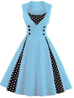 Outlet Retro Stage 1950s Polka Dots Lapel Patchwork Swing Dress