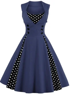 Outlet Retro Stage 1950s Polka Dots Lapel Patchwork Swing Dress