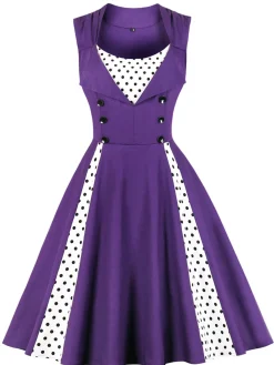 Outlet Retro Stage 1950s Polka Dots Lapel Patchwork Swing Dress