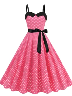 Clearance Retro Stage 1950s Polka Dots Patchwork Ribbon Strap Dress