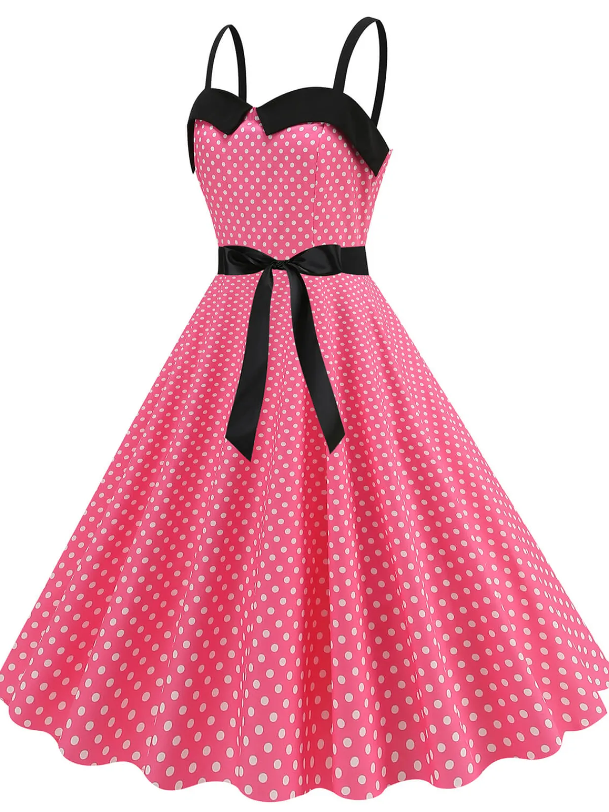 Clearance Retro Stage 1950s Polka Dots Patchwork Ribbon Strap Dress