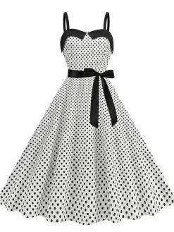 Clearance Retro Stage 1950s Polka Dots Patchwork Ribbon Strap Dress