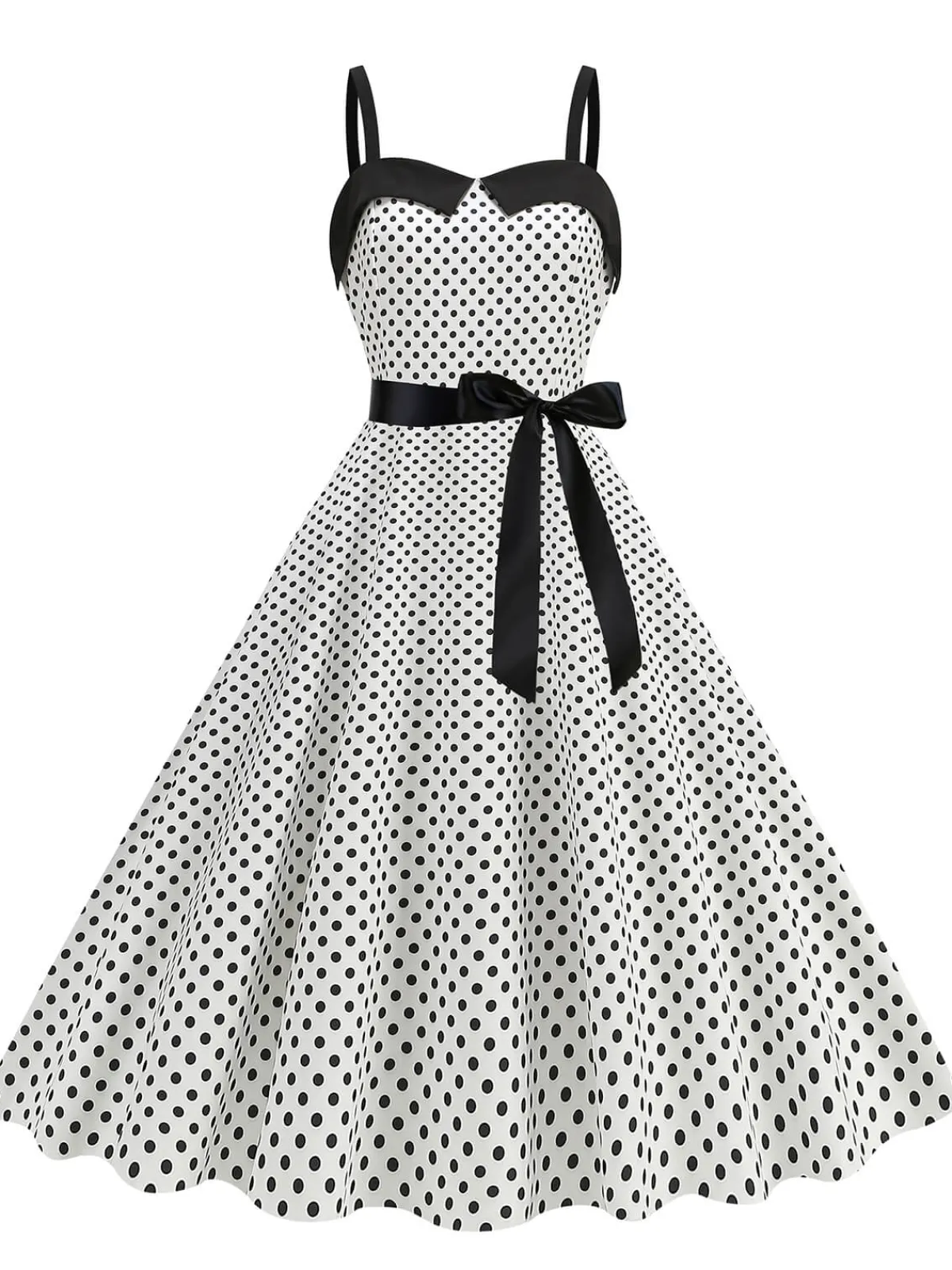 Clearance Retro Stage 1950s Polka Dots Patchwork Ribbon Strap Dress
