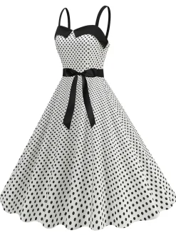 Clearance Retro Stage 1950s Polka Dots Patchwork Ribbon Strap Dress