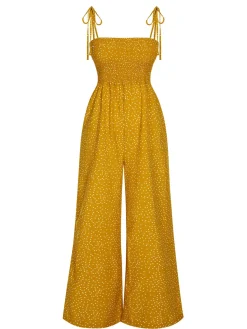Discount Retro Stage 1970s Polka Dots Spaghetti Strap Bind Jumpsuit