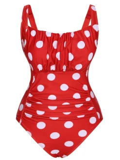 Best Retro Stage 1940s Polka Dots Wrinkle Strap Swimsuit