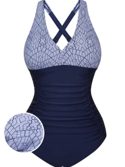 Discount Retro Stage 1950s Printed One-Piece Swimsuit Blue