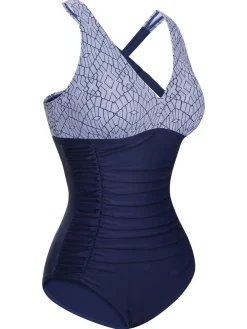 Discount Retro Stage 1950s Printed One-Piece Swimsuit Blue