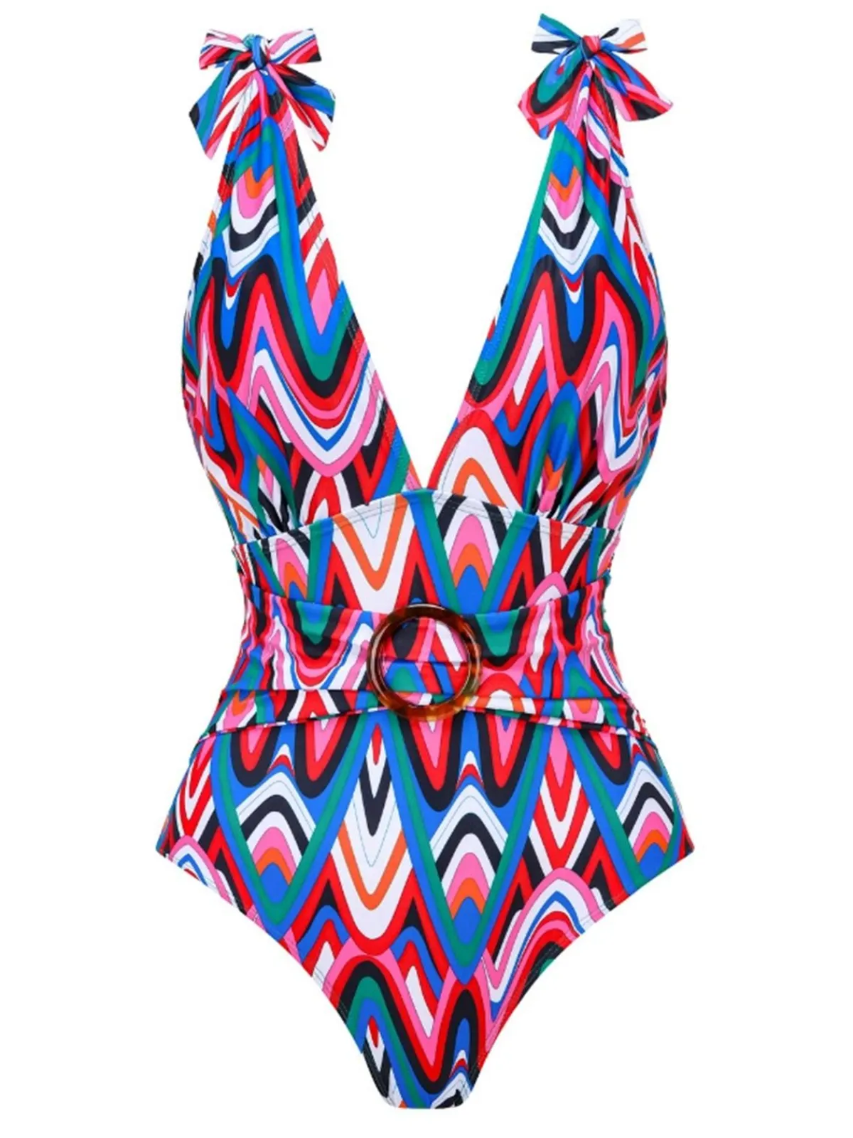 Discount Retro Stage 1970s Psychedelic Chevron Deep V-Neck Swimsuit