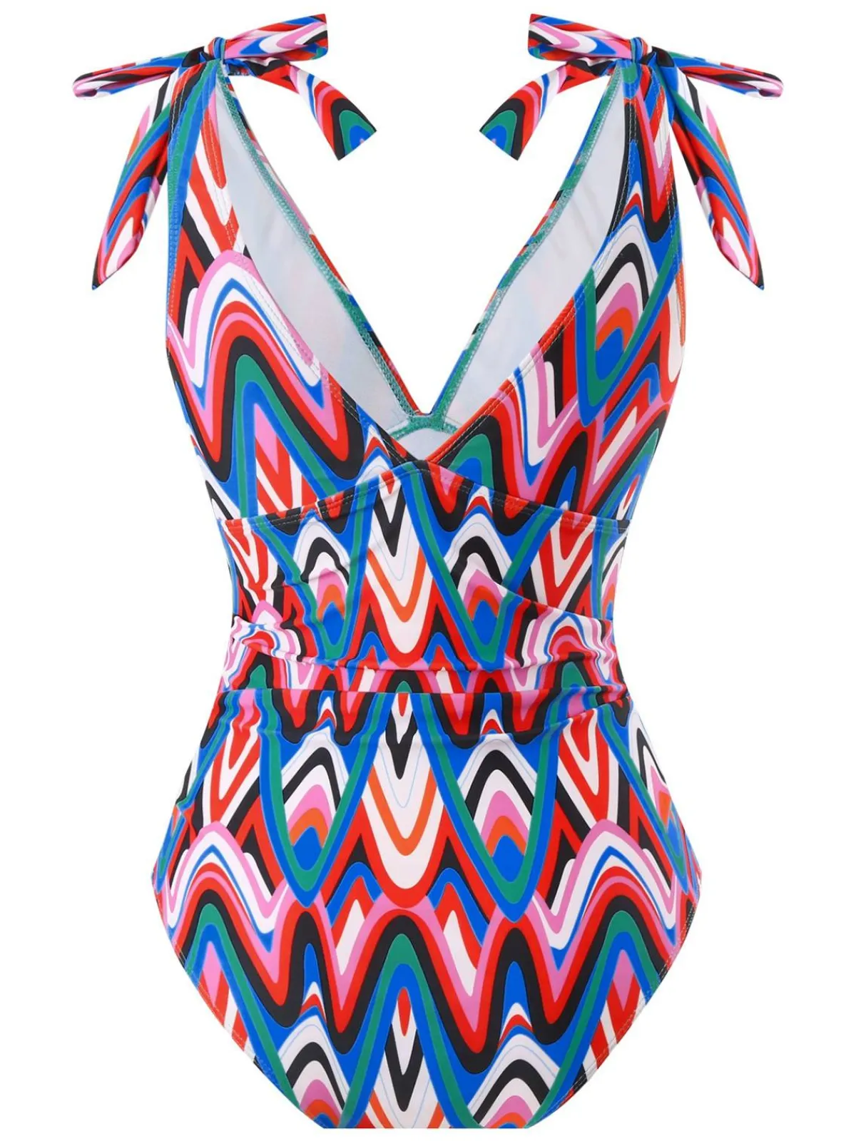 Discount Retro Stage 1970s Psychedelic Chevron Deep V-Neck Swimsuit