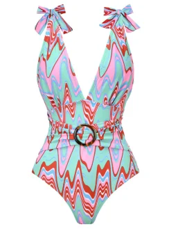 Discount Retro Stage 1970s Psychedelic Chevron Deep V-Neck Swimsuit