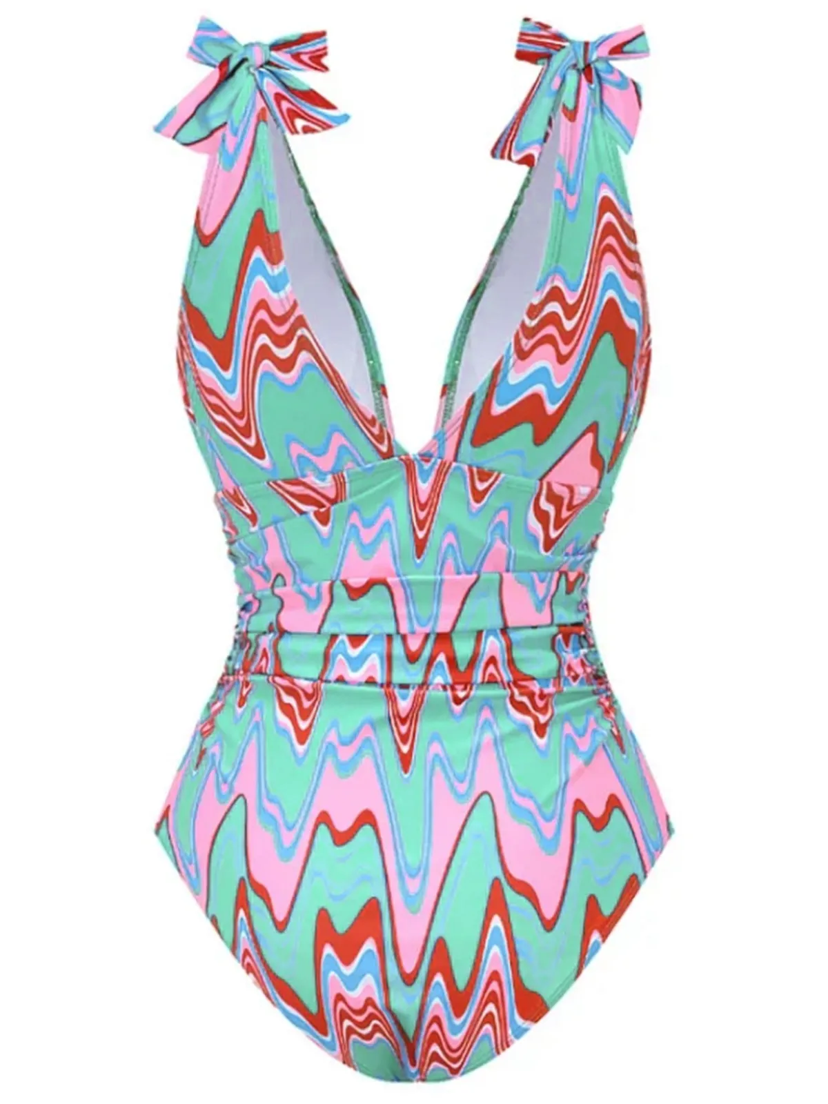 Discount Retro Stage 1970s Psychedelic Chevron Deep V-Neck Swimsuit