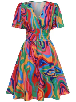 Sale Retro Stage 1970s Psychedelic Print V-Neck Dress Multicolor